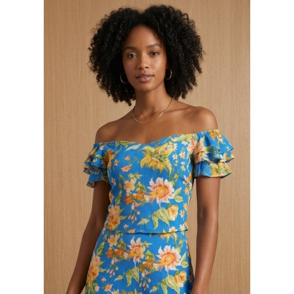 Rachel Zoe Blue Floral Off The Shoulder Ruffle Sleeve Crop Top Medium